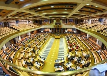 Parliamentarians observed social distancing yesterday when Finance Minister Tito Mboweni delivered the Mid-Term Budget  speech. Picture by GCIS.