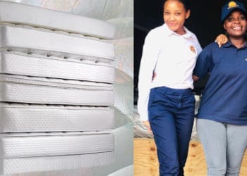 Vhulenda Nekhaguma, Nduvho Netshifhefhe and Thabelo Manyama standing next to the furniture they make