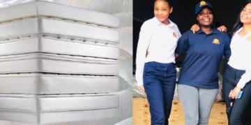 Vhulenda Nekhaguma, Nduvho Netshifhefhe and Thabelo Manyama standing next to the furniture they make