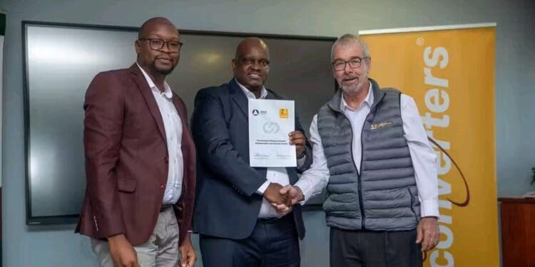 From left, Monde Ndlovu Managing Director of BMF, Mpho Motsei BMF President and co-Founder and CEO Richard Mukheibir of Cash Converters