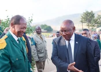 President Cyril Ramaphosa arriving at Moria being received by Bishop Barnabas Lekganyane. Pic: GCIS