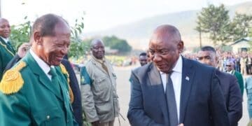 President Cyril Ramaphosa arriving at Moria being received by Bishop Barnabas Lekganyane. Pic: GCIS