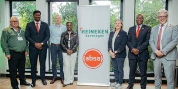 From left to right: Charles Wyeth, HEINEKEN Beverages; Vignesh Subramani, Absa CIB; Jordi Borrut, HEINEKEN Beverages; Sade Morgan, HEINEKEN Global; Joanna Price, HEINEKEN Global; Stephen Seaka, Absa CIB; Jan de Kock, Absa CIB