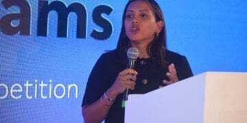 Deputy Minister of Trade, Industry and Competition Alexandra Abrahams speaking at the launch of ClearScore’s South African headquarters in Cape Town.