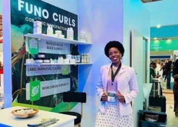 Khathutshelo Sephuma showcases Funo Curls hair and skincare products at the Zimbabwe International Trade Fair in Bulawayo.