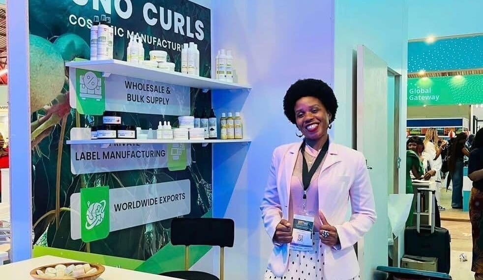Khathutshelo Sephuma showcases Funo Curls hair and skincare products at the Zimbabwe International Trade Fair in Bulawayo.