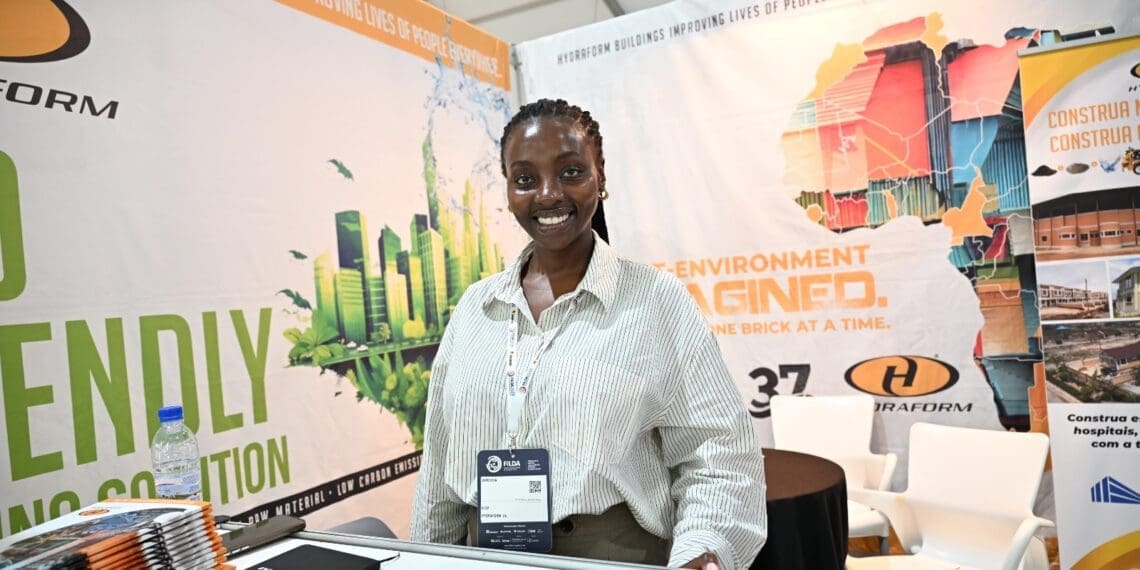 Caption: The Sales Engineer at Hydraform, Ms Aphelele Kali, showcases the company’s interlocking and conventional block- and brick-making machines at the Feira Internacional de Angola (FILDA) 2026 in Luanda, Angola.
Photo: dtic