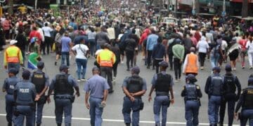 Thousands of people marched across South Africa in coordinated demonstrations calling for stronger action on undocumented migration. Photo. SAPS